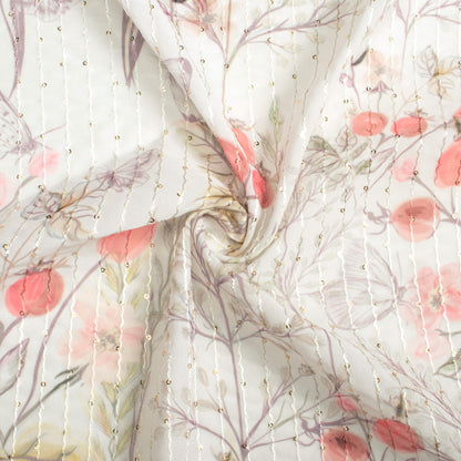 Off White And Pink Floral Pattern Digital Print Premium Sequins Georgette Fabric
