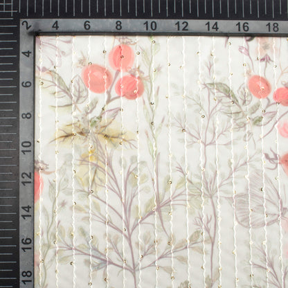 Off White And Pink Floral Pattern Digital Print Premium Sequins Georgette Fabric