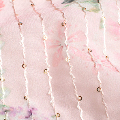 Baby Pink And Green Floral Pattern Digital Print Premium Sequins Georgette Fabric