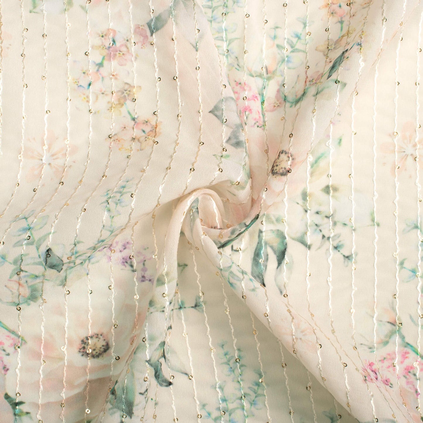 Oat Beige And Green Floral Pattern Digital Print Premium Sequins Georgette Fabric