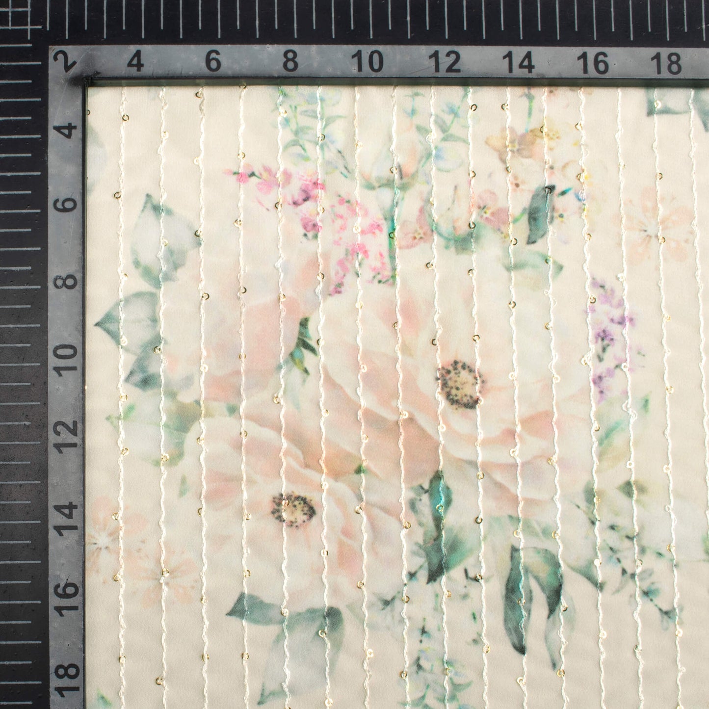 Oat Beige And Green Floral Pattern Digital Print Premium Sequins Georgette Fabric