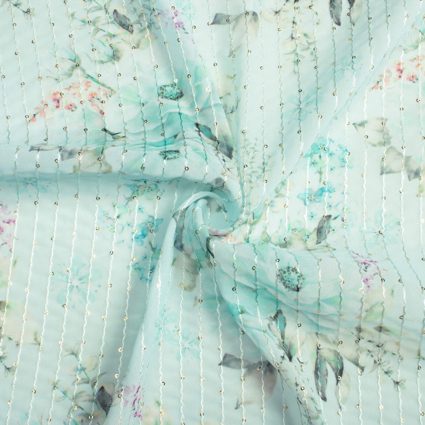 Pale Turquoise And Green Floral Pattern Digital Print Premium Sequins Georgette Fabric
