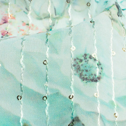 Pale Turquoise And Green Floral Pattern Digital Print Premium Sequins Georgette Fabric
