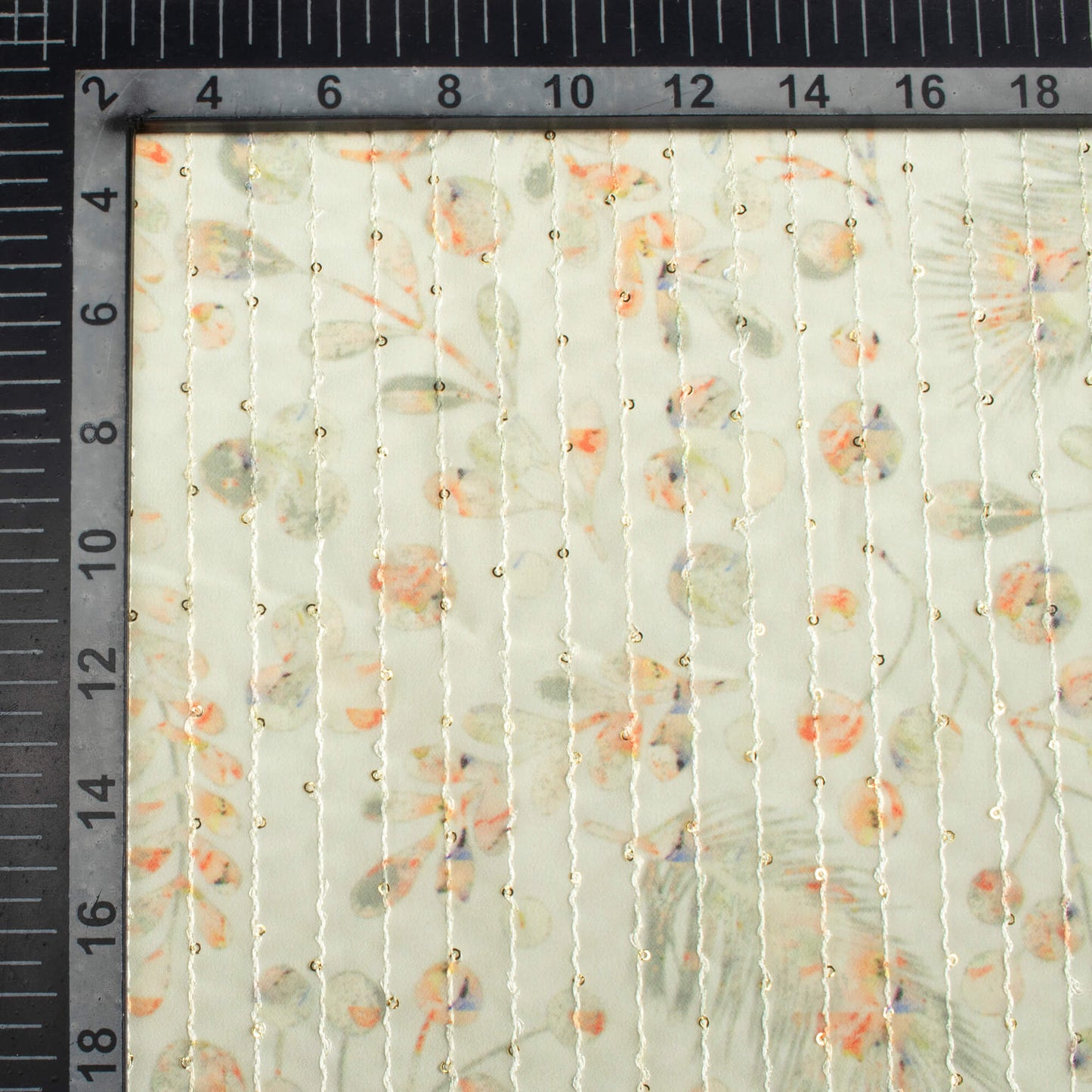 Tea Green And Orange Leaf Pattern Digital Print Premium Sequins Georgette Fabric