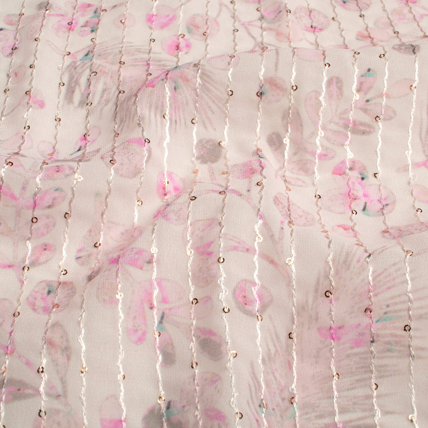 Oat Beige And Carnation Pink Leaf Pattern Digital Print Premium Sequins Georgette Fabric