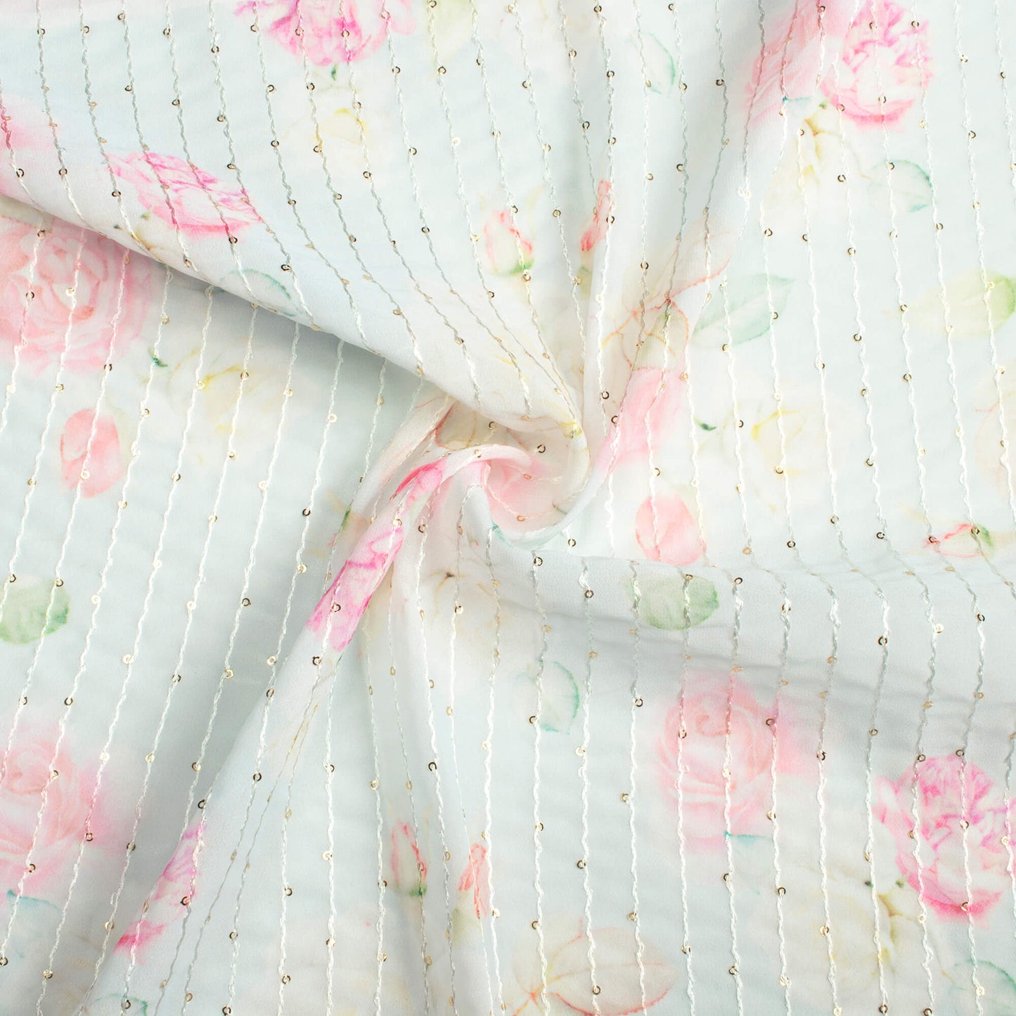 Pale Blue And Carnation Pink Floral Pattern Digital Print Premium Sequins Georgette Fabric
