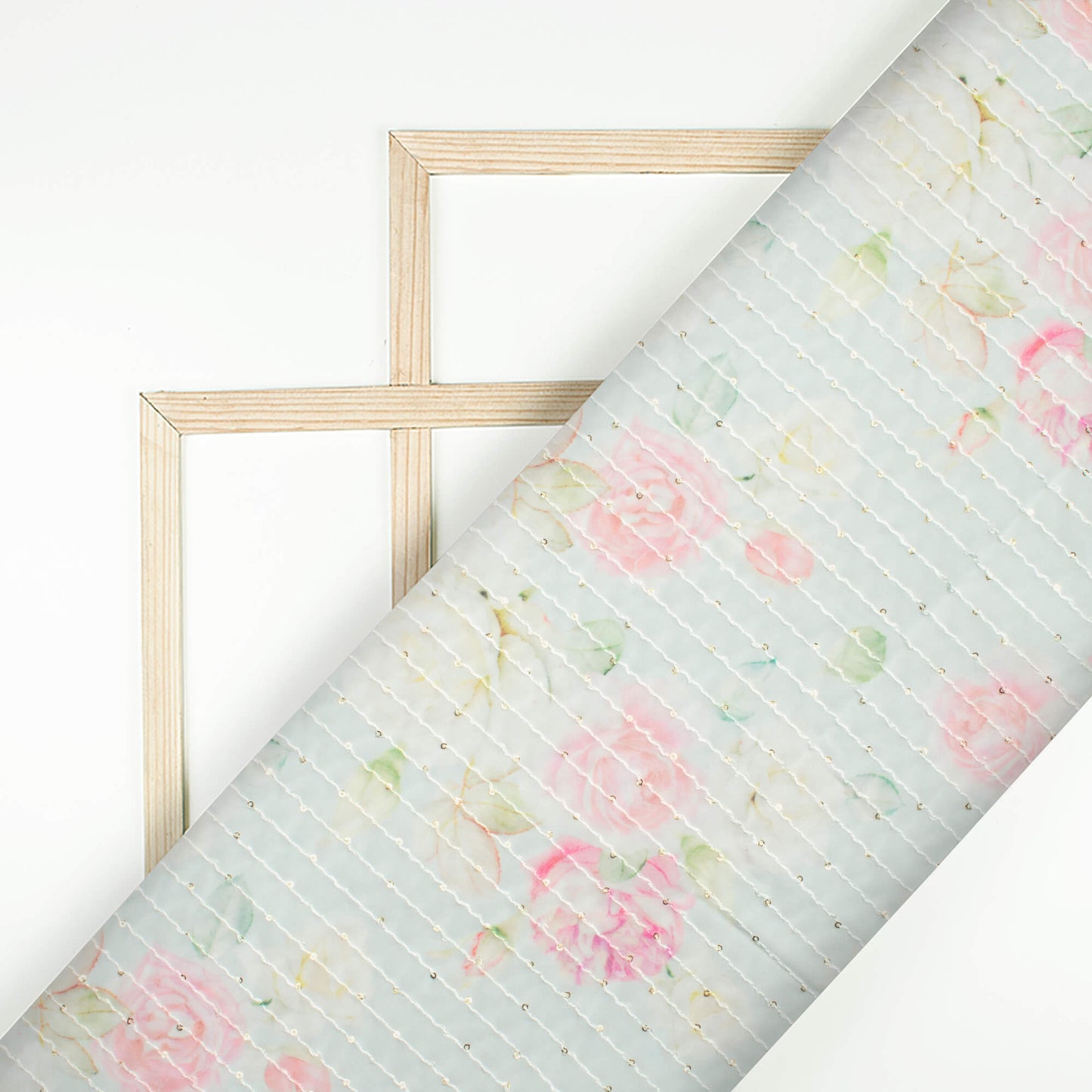 Pale Blue And Carnation Pink Floral Pattern Digital Print Premium Sequins Georgette Fabric