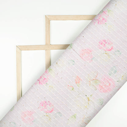 Carnation Pink Floral Pattern Digital Print Premium Sequins Georgette Fabric