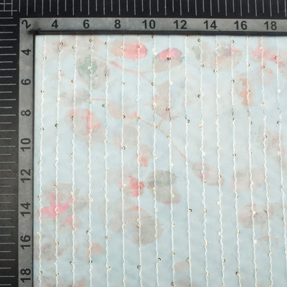 Pale Sky Blue And Pink Leaf Pattern Digital Print Premium Sequins Georgette Fabric
