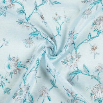 Light Blue And Dark Brown Floral Pattern Digital Print Chanderi Fabric