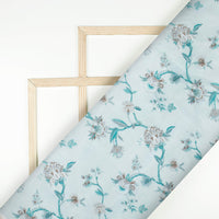 Light Blue And Dark Brown Floral Pattern Digital Print Chanderi Fabric