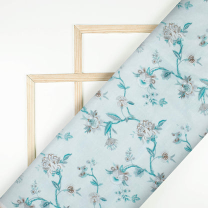 Light Blue And Dark Brown Floral Pattern Digital Print Chanderi Fabric
