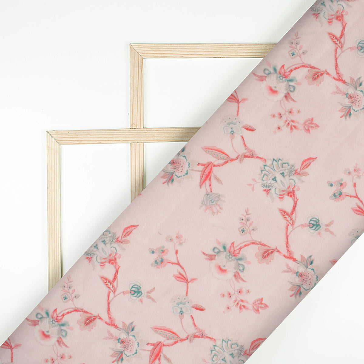 Baby Pink And Pine Green Floral Pattern Digital Print Chanderi Fabric