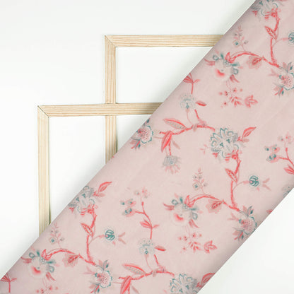 Baby Pink And Pine Green Floral Pattern Digital Print Chanderi Fabric