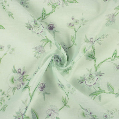 Tea Green And Eggplant Purple Floral Pattern Digital Print Chanderi Fabric