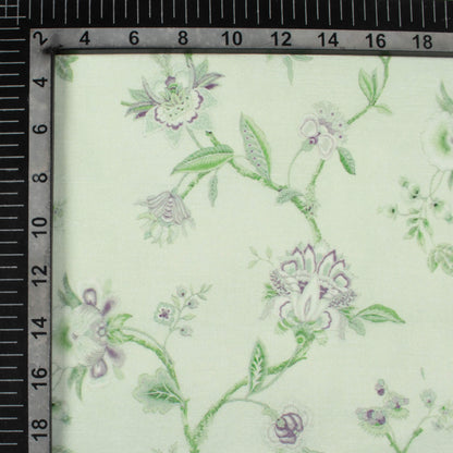 Tea Green And Eggplant Purple Floral Pattern Digital Print Chanderi Fabric