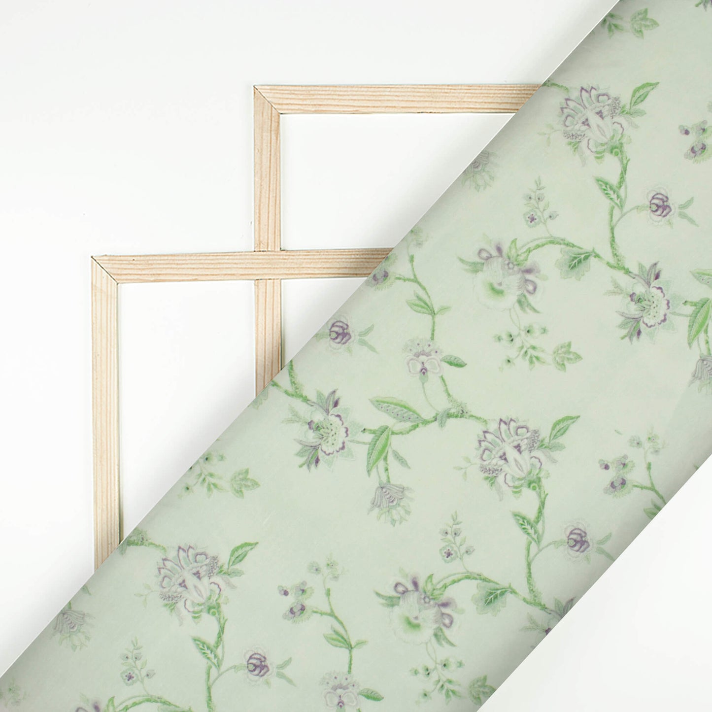Tea Green And Eggplant Purple Floral Pattern Digital Print Chanderi Fabric