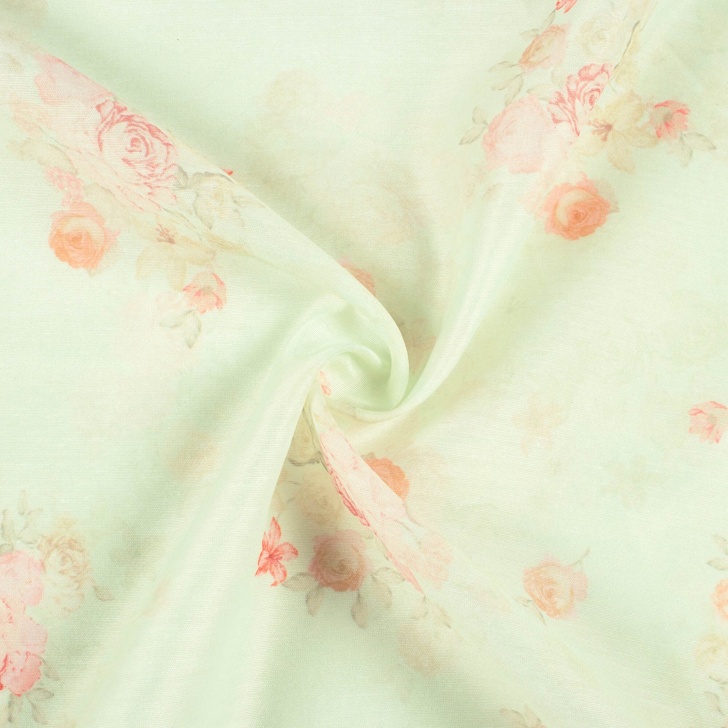 Pistachio Green And Pale Pink Floral Pattern Digital Print Chanderi Fabric