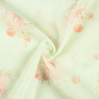 Pistachio Green And Pale Pink Floral Pattern Digital Print Chanderi Fabric