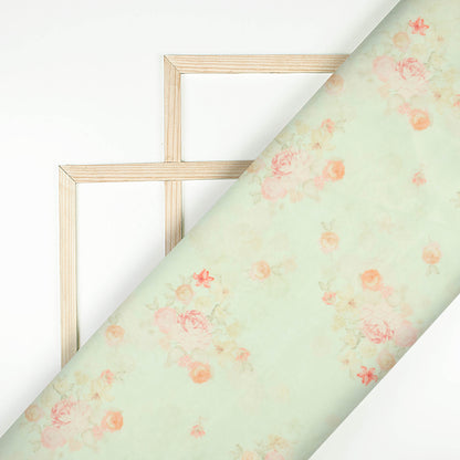 Pistachio Green And Pale Pink Floral Pattern Digital Print Chanderi Fabric