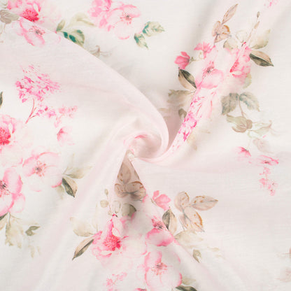 Light Peach And Pastel Pink Floral Pattern Digital Print Chanderi Fabric
