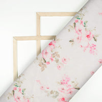 Light Peach And Pastel Pink Floral Pattern Digital Print Chanderi Fabric