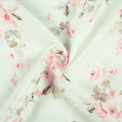 Glacial Green And Pastel Pink Floral Pattern Digital Print Chanderi Fabric