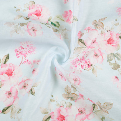 Pale Blue And Pastel Pink Floral Pattern Digital Print Chanderi Fabric