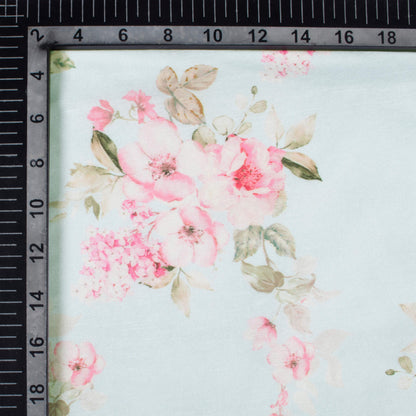 Pale Blue And Pastel Pink Floral Pattern Digital Print Chanderi Fabric