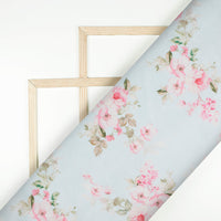 Pale Blue And Pastel Pink Floral Pattern Digital Print Chanderi Fabric