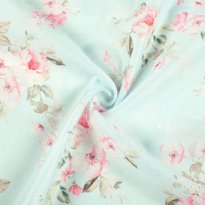 Light Green And Pastel Pink Floral Pattern Digital Print Chanderi Fabric