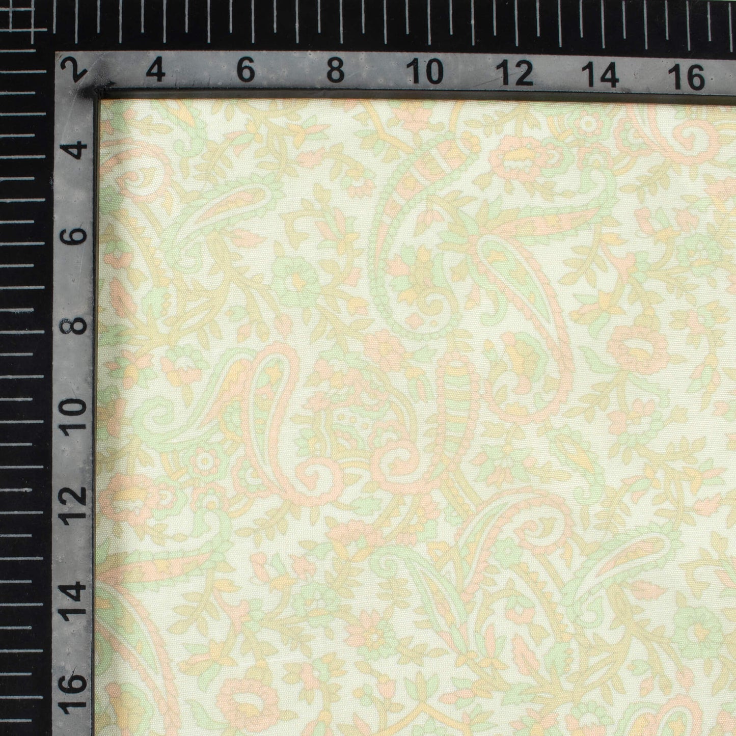 Tea Green And Peach Paisley Pattern Digital Print Chanderi Fabric