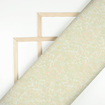 Tea Green And Peach Paisley Pattern Digital Print Chanderi Fabric