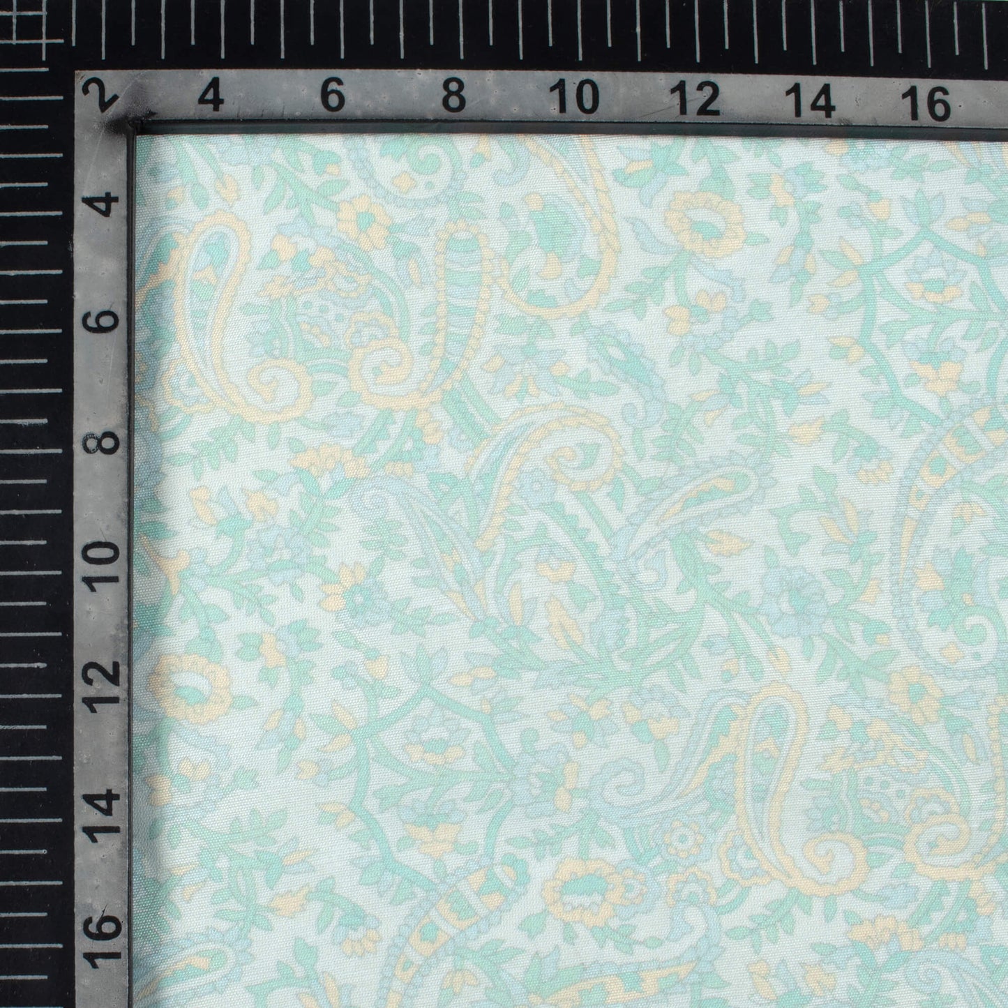 Mint Green And Mellow Yellow Paisley Pattern Digital Print Chanderi Fabric