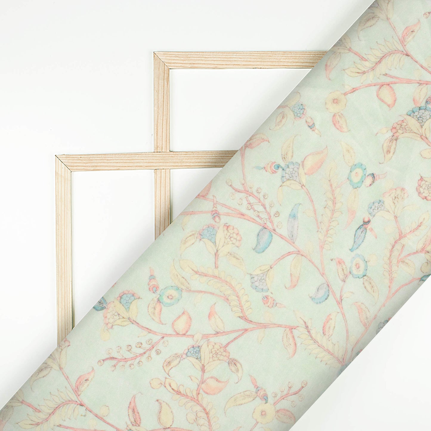 Tea Green And Pale Pink Floral Pattern Digital Print Chanderi Fabric