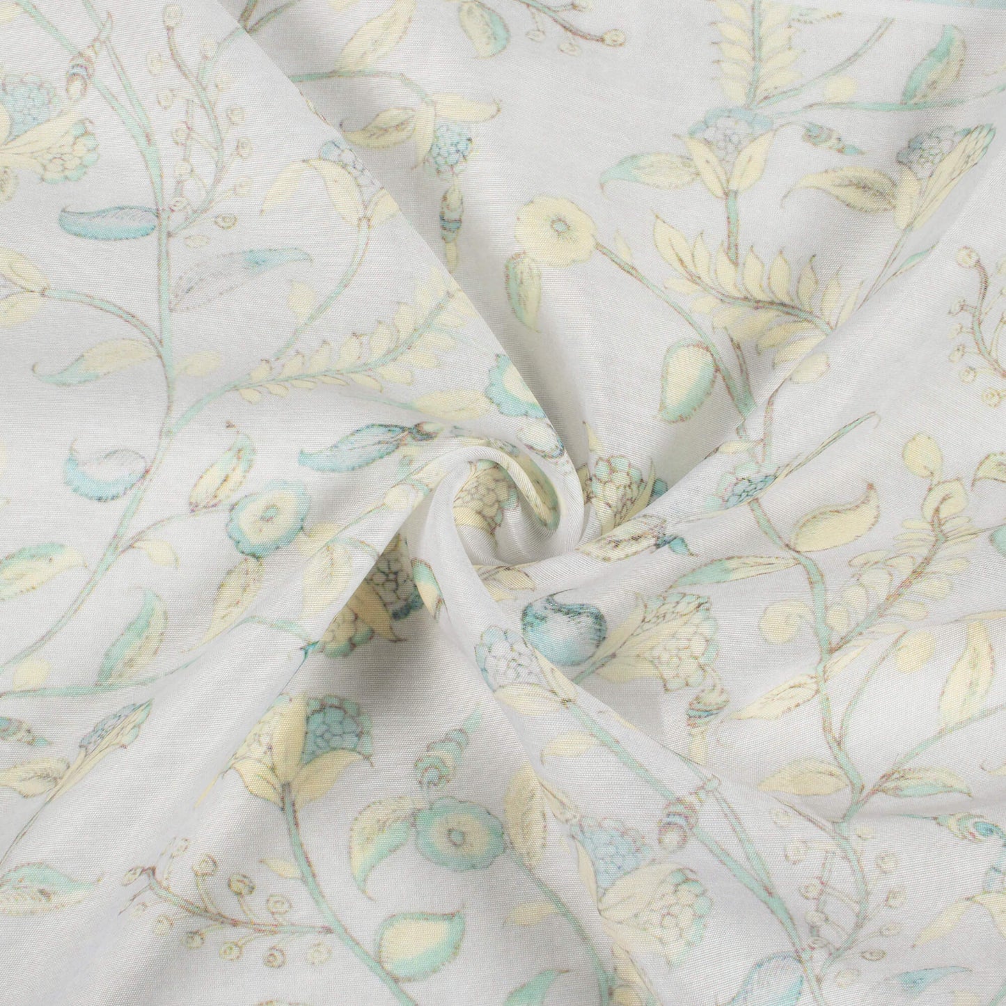 Off White and Mint Green Floral Pattern Digital Print Chanderi Fabric