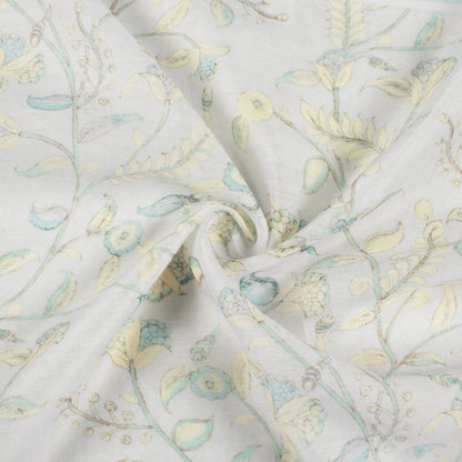 Off White and Mint Green Floral Pattern Digital Print Chanderi Fabric