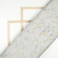 Off White and Mint Green Floral Pattern Digital Print Chanderi Fabric