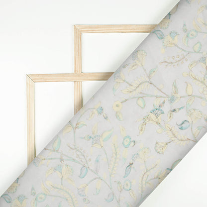 Off White and Mint Green Floral Pattern Digital Print Chanderi Fabric