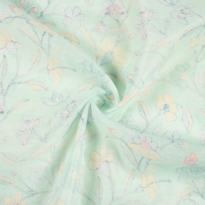 Mint Green And Pastel Yellow Floral Pattern Digital Print Chanderi Fabric