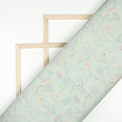 Mint Green And Pastel Yellow Floral Pattern Digital Print Chanderi Fabric