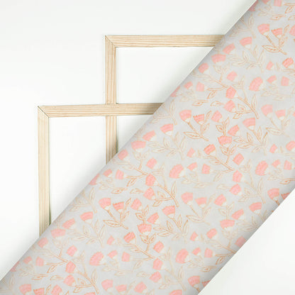 Pastel Grey And Baby Pink Floral Pattern Digital Print Chanderi Fabric