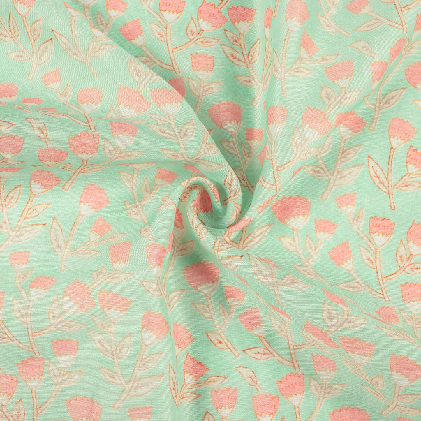 Seaform Green And Baby Pink Floral Pattern Digital Print Chanderi Fabric
