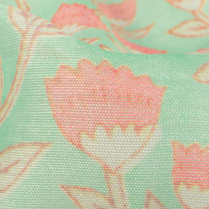Seaform Green And Baby Pink Floral Pattern Digital Print Chanderi Fabric