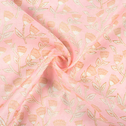 Baby Pink And Flaxen Yellow Floral Pattern Digital Print Chanderi Fabric
