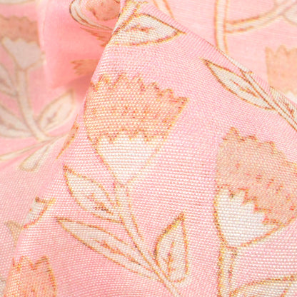 Baby Pink And Flaxen Yellow Floral Pattern Digital Print Chanderi Fabric