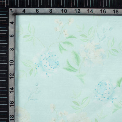 Mint Green Leaf Pattern Digital Print Chanderi Fabric