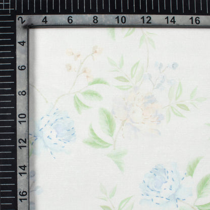 Off White And Russian Green Leaf Pattern Digital Print Chanderi Fabric