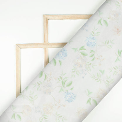 Off White And Russian Green Leaf Pattern Digital Print Chanderi Fabric