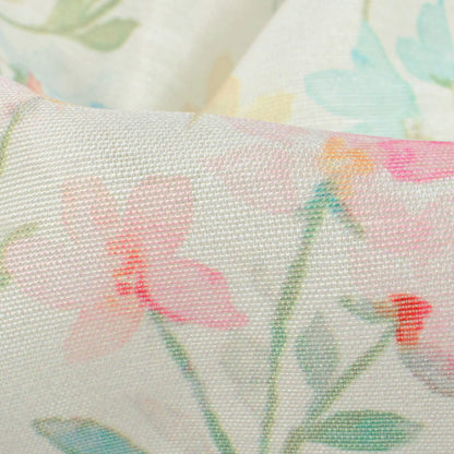 Tea Green And Flamingo Pink Floral Pattern Digital Print Chanderi Fabric